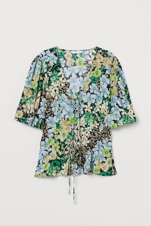 Puff-sleeved Blouse - Black/green floral - Ladies | H&M US