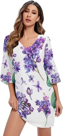 Oyihfvs Women V Neck Chiffon Dress, Long Sleeve Sun Dress Mini Flowy Shift Dress(S-XXL) at Amazon Women’s Clothing store