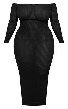 Plus Black Sheer Knit Bardot Midi Dress | PrettyLittleThing USA