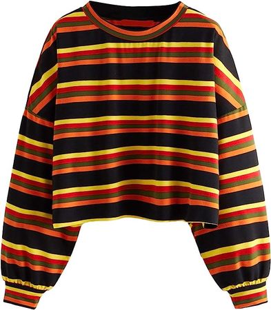 Floerns Women's Plus Size Long Sleeve Striped Oversize Pullovers Crop Top Tee Multi 2XL at Amazon Women’s Clothing store