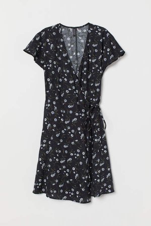 Patterned Wrap-front Dress - Black