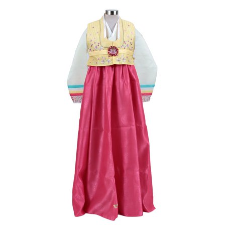 Traditional Korean Hanbok Gown in Vibrant Pink with Yellow Vest