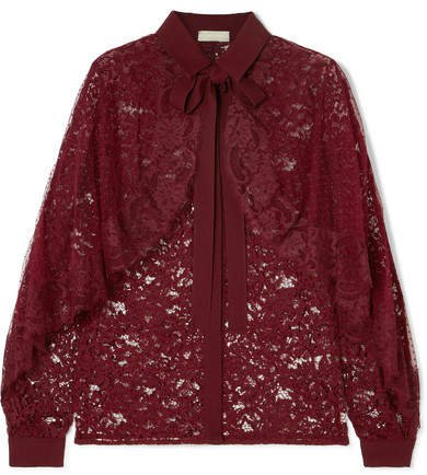 Cape-effect Lace And Swiss-dot Tulle Blouse - Burgundy