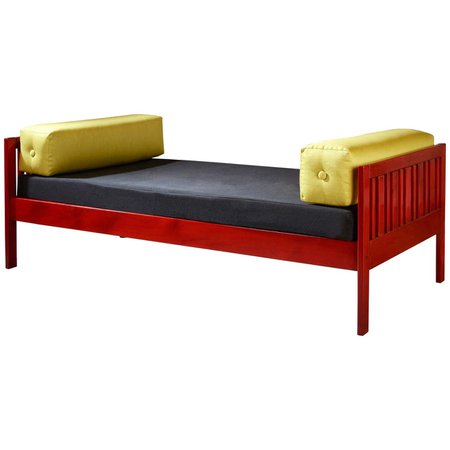 Ettore Sottsass Daybed, Red Lacquered Wood, Chartreuse Upholstery, Italy c. 1962