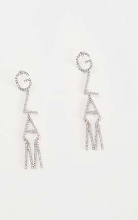 Silver Glam Slogan Drop Diamante Earrings | PrettyLittleThing USA