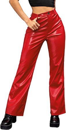Floerns Women's High Waisted PU Leather Straight Leg Workout Pants Red L at Amazon Women’s Clothing store