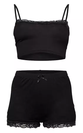 Black Jersey Lace Trim Short Pj Set | PrettyLittleThing USA