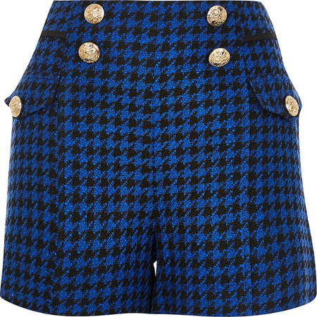 royal Blue houndstooth boucle buttons shorts | River Island