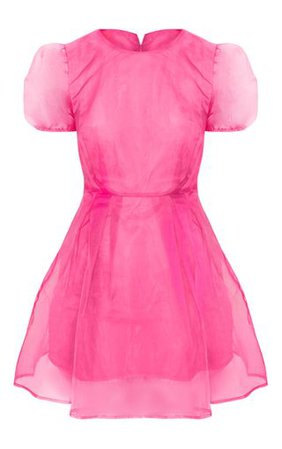 Hot Pink Organza Puff Sleeve Skater Dress | PrettyLittleThing