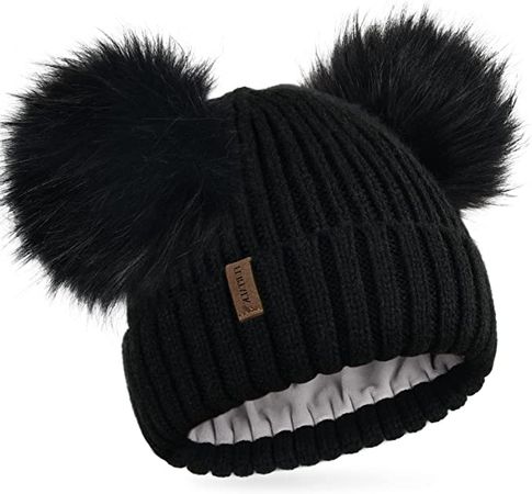 FURTALK Fleece Lined Cute Winter Beanie Hats for Women Girls Warm Knit Hats with Double Faux Fur Pom Poms at Amazon Women’s Clothing store