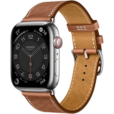 Apple Watch Hermès Series 8 GPS + Cellular, Boîtier en acier inoxydable argent de 45 mm, Bracelet Simple Tour H Diagonal en cuir Swift Gold - Apple (FR)