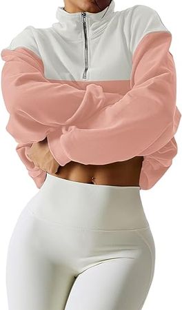 BWQ Half Zip Cropped Sweatshirt Women Colorblock Sweatshirt Workout Pullover Hoodies at Amazon Women’s Clothing store