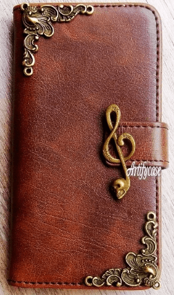 0102 Music Skull phone wallet Leather flip case Handmade Card holder Stand cover - Brown