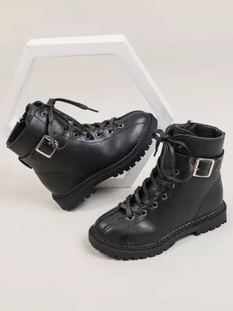 Girls Buckle Design Lace-up Front Combat Boots | SHEIN USA