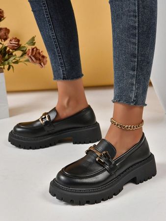 Horsebit Fashionable And Versatile British Style Pu Leather Shoes For Women 2023 Autumn New Platform Thick-soled Shoes One-leg Loafers Work Shoes | SHEIN