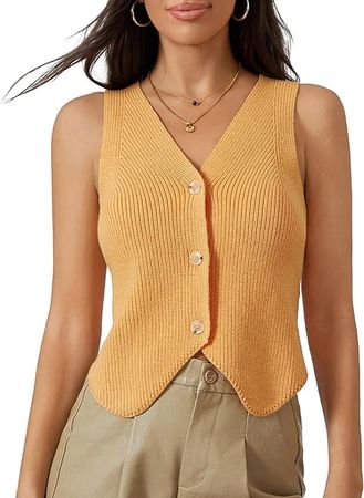 Womens Vintage Knittd Tank Y2k Vest Crop Top Sleeveless V-Neck Open Front Button Crochet Knit Vests Versatile Tops at Amazon Women’s Clothing store
