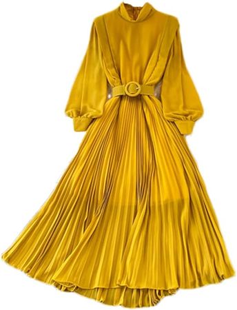 DBFBDTU Spring Pleated Dress Women Stand Collar Solid Color Long Dress with Belt Lady Chiffon Dress at Amazon Women’s Clothing store