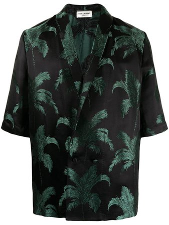 Shop black & green Saint Laurent shawl-lapel silk-jacquard shirt with Express Delivery - Farfetch