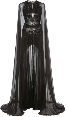 Embellished Cape-Sleeve Silk-Chiffon Gown