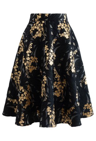 Harebell Embroidered Jacquard A-Line Midi Skirt in Black - Retro, Indie and Unique Fashion
