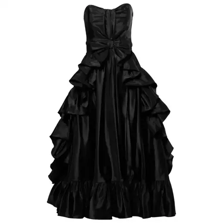 Jean Varon Vintage Strapless Black Taffeta Evening Dress with Ruffles and Bow For Sale at 1stDibs | strapless jean dress