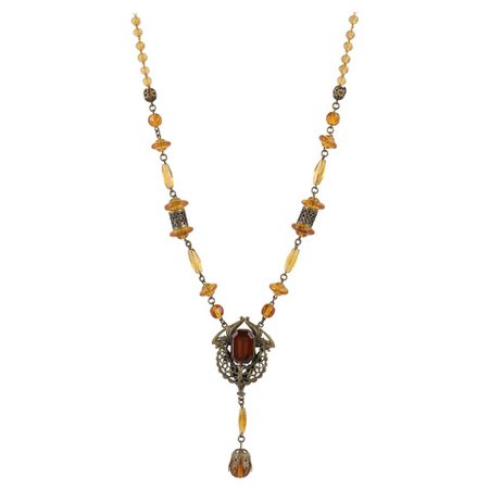 ART NOUVEAU c.1920's Ornamental Brass Amber Czech Glass Beaded Pendant Necklace For Sale at 1stdibs