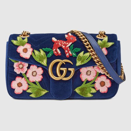 GG Marmont velvet small shoulder bag in Cobalt blue chevron velvet with embroidered fawn and flowers appliqués | Gucci Women's Shoulder Bags