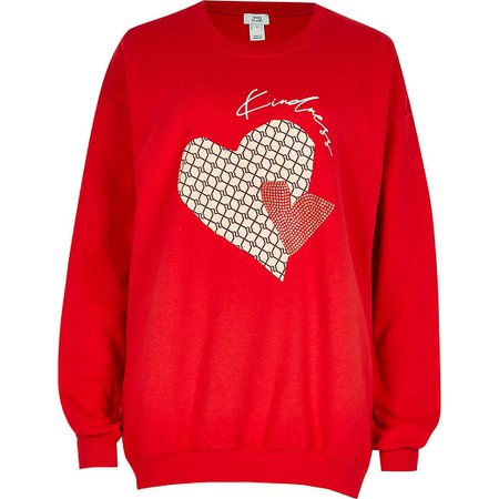 Red 'Kindness' slogan heart print sweatshirt | River Island
