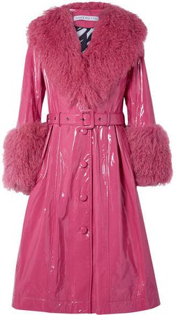Foxy Neon Belted Shearling-trimmed Patent-leather Coat - Bright pink