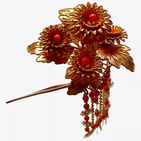 Vintage Japanese kanzashi hair pin flower spray with dangles : The Spanish Comb | Ruby Lane