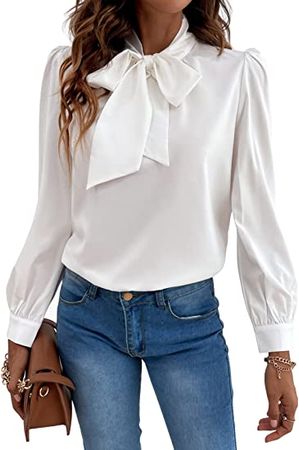 Verdusa Women's Elegant Bow Tie Neck Long Sleeve Chiffon Blouse Shirt Top at Amazon Women’s Clothing store