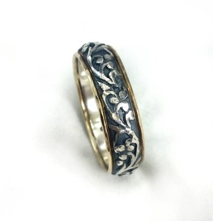 Oxidized Silver and Red Gold Men's Wedding Band