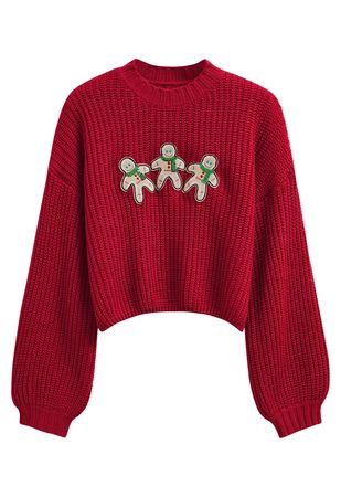Gingerbread Man Patch Ribbed Sweater in Red - Retro, Indie and Unique Fashion