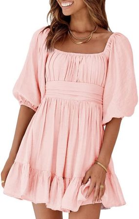 Dokotoo Square Neck Summer Dresses for Women 2023 Tie Backless Lantern Sleeve Ruffle Flowy Pink Dress Elastic Waist A-Line Casual Sexy Dresses for Women X-Large