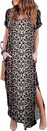 HUSKARY Women's Summer Maxi Dress Casual Loose Pockets Leopard Split Maxi Dress at Amazon Women’s Clothing store