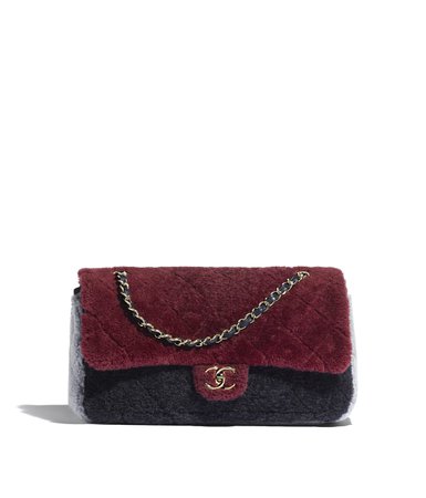 Flap Bag, shearling sheepskin & gold-tone metal, burgundy, navy blue & gray - CHANEL