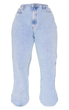 Plus Light Blue Wash Diamante Wide Leg Jeans | PrettyLittleThing USA
