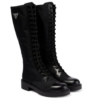 Prada - Re-Nylon and leather knee-high boots | Mytheresa