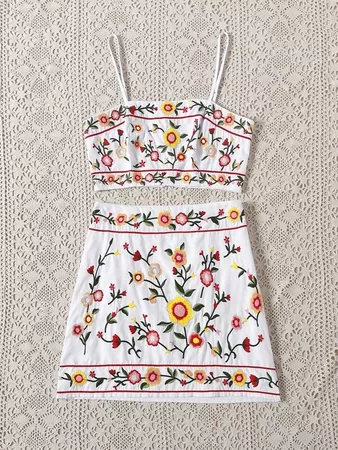white Floral Embroidery Cami Top & Skirt Set | SHEIN USA