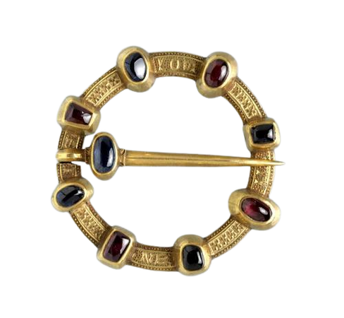 Gold annular brooch with rubies and sapphires, inscribed “IO SUI ICI EN LIU DAMI: AMO:’ (I am here in the place of the friend I love)”, French or English, 13th century