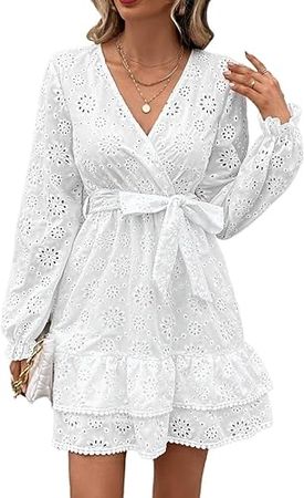 GITEES Dresses for Women Eyelet Embroidery Flounce Sleeve Ruffle Hem Belted Dress at Amazon Women’s Clothing store