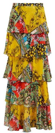 Norfolk Patchwork Tiered Silk Maxi Skirt - Womens - Yellow Multi