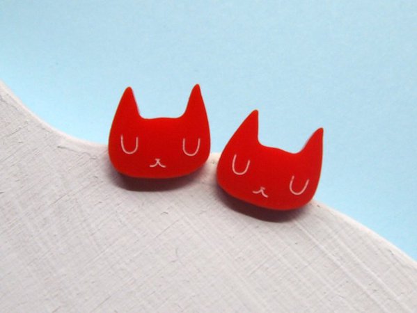 Red Cat Face Stud Earrings Red Cat Earrings Red Earrings | Etsy