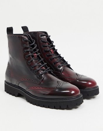 ASOS DESIGN lace up brogue boots in red faux leather on chunky sole | ASOS