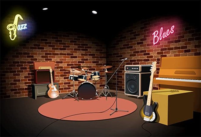 Amazon.com : LFEEY 10x8ft Music Background Stage Backdrop Rock and Roll Musical Instrument Drum Guitar Playing Concert Empty Jazz Blues Music Nightclub Interior Stage Background for Photos Photo Studio Props : Camera & Photo