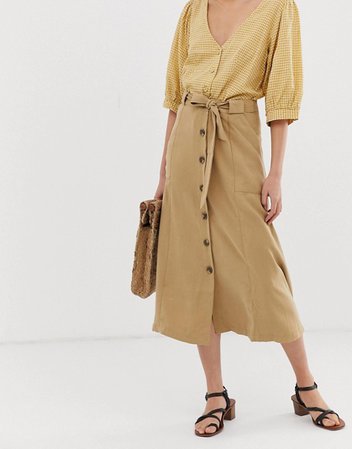 Mango button front tie waist midi skirt in beige | ASOS
