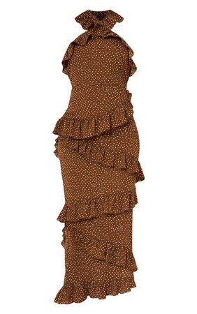 Chocolate Polka Dot Halterneck Ruffle Midi Dress | PrettyLittleThing USA