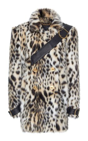 Versace Double Breasted Leopard Printed Belted Faux Fur Coat