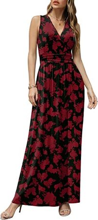 CATHY Women's Casual Sleeveless Deep V-Neck Long Dress Beach Waist Maxi Dresses with Pockets at Amazon Women’s Clothing store
