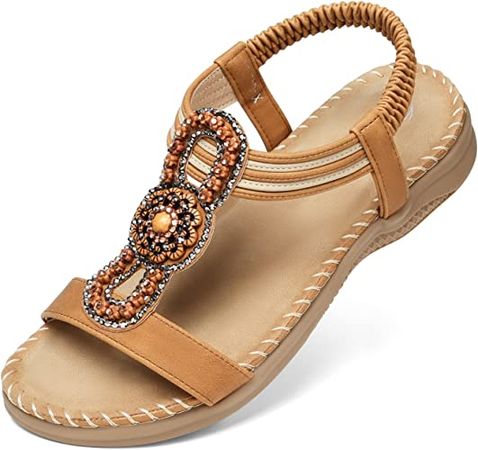 Amazon.com | SHIBEVER Women's Sandals Bohemia Summer Beaded Ankle Strap Open Toe Comfotable Slip On Flat Shoes Brown 9 | Flats